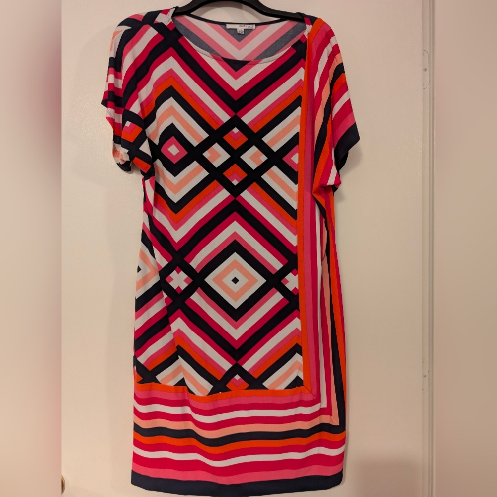 Studio One New York Geometric Mod Shift Dress | Pink Orange Navy | Size L